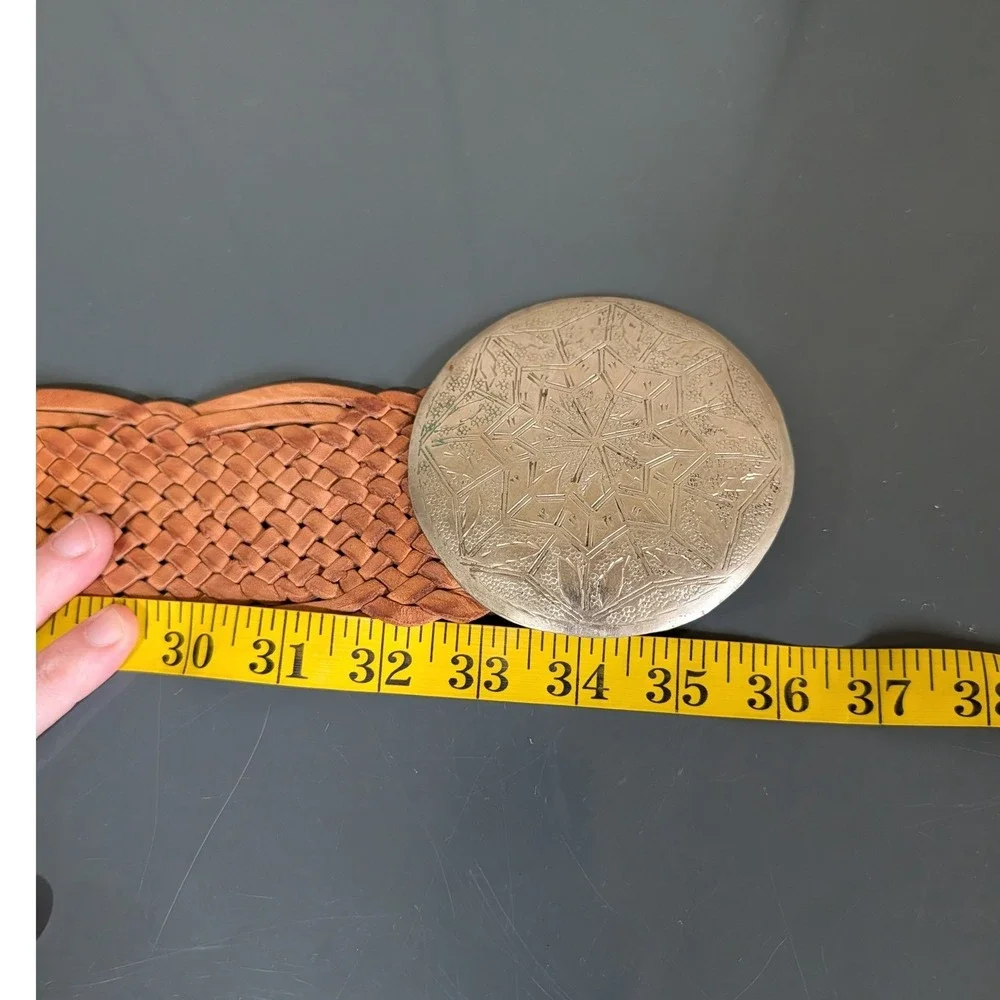 Vintage Western Braided Leather Belt Tan Wide Woven Silver Medallion Concho